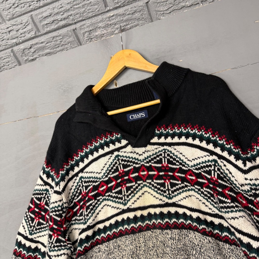 Chaps Mens Fair Isle Mock Neck Pullover Sweater Black Grey XL‎ Geometric Knit